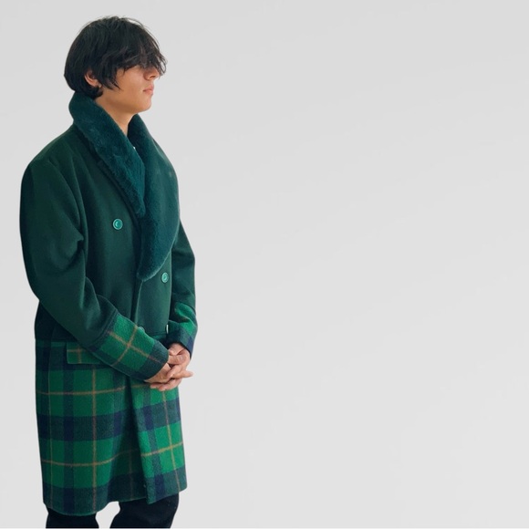 Men's Manzini Solid Green | Plaid Faux Fur Casual Overcoat NWT - Picture 6 of 9